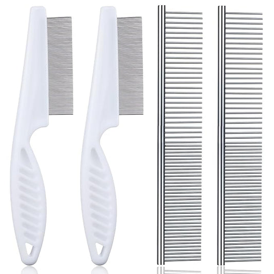 4 PCS Flea Combs Metal Comb for Dogs Tick Comb for Dogs Fine-Tooth Stainless Grooming Massage Combs Puppy Stainless Steel Pets Grooming Kit for Removing Mats Knots Loose Fur from the Undercoat