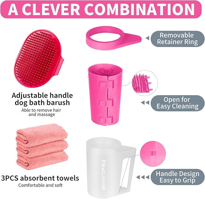 Buddy Muddy Pet Foot Cleaner with Handle, Absorbent Towels & Adjustable Bath Brush for Medium Dogs (Red)