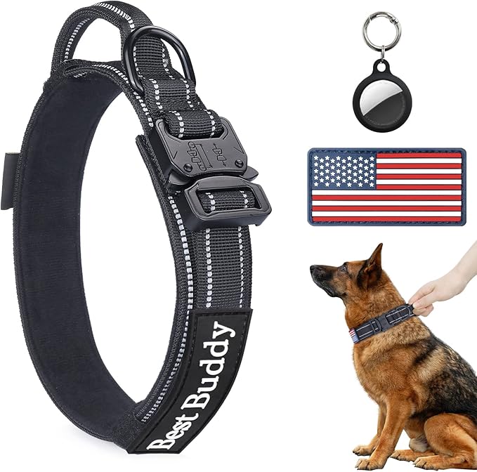 Tactical Dog Collar - AUBELL Adjustable Military Training Nylon Reflective Dog Collar with Handle and Heavy Duty Metal Buckle for Medium Large Dogs, with Airtag Holder and 2 Patches(Black, M)