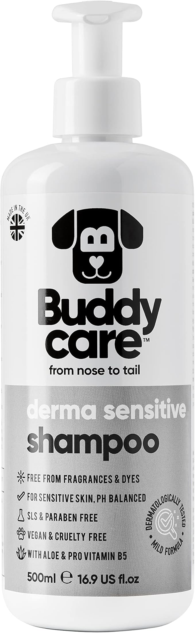 Derma Sensitive Dog Shampoo by Buddycare | Dry Skin & Itchy Skin Relief for Smelly Dogs | Deep Cleansing for Dogs Puppy Sensitive Skin | Dog Shampoo & Conditioner | with Aloe & Vitamin B5 (16.90oz)