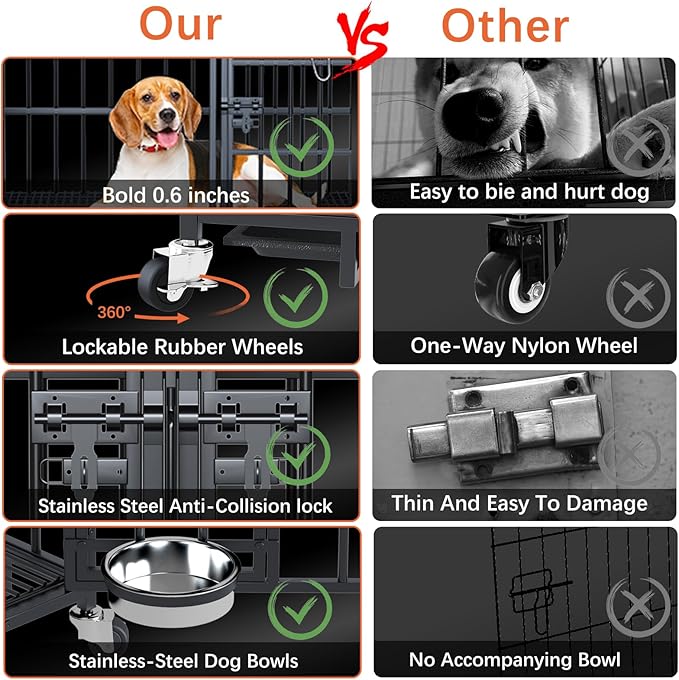 Dosker 48/42 inch XL Dog Crate for Large Dog/Double Medium Dogs,Heavy Duty Metal Dog Cages,All Metal Open Top Stackable,Dog Kennel Indoor with Wheels,Floor Grid, Tray, Divider and Feeding Bowl