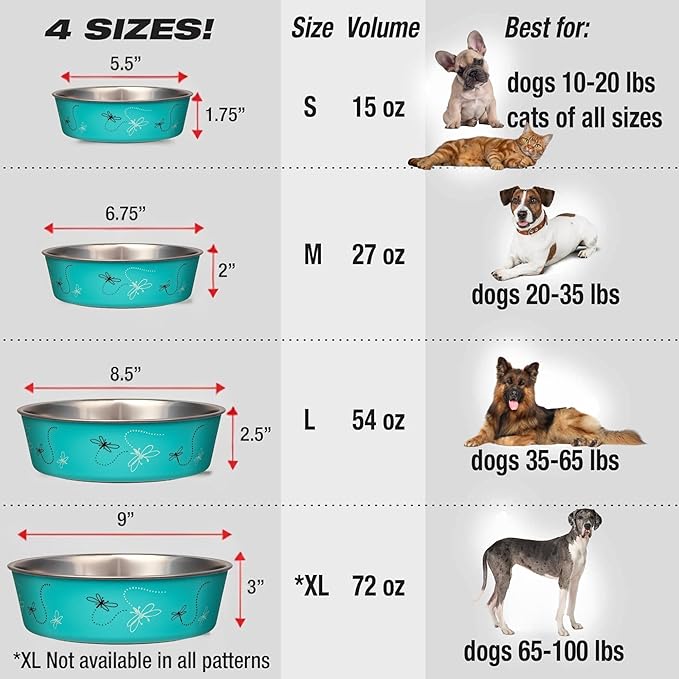 Loving Pets Bella Dog Bowls- Stainless Steel Dog & Cat Bowls - Spill Proof Dog Food Bowl, Cat Bowl, Puppy Essentials & Pet Supplies Great for Home & Travel (Large 35-65 lbs, Dragonfly)