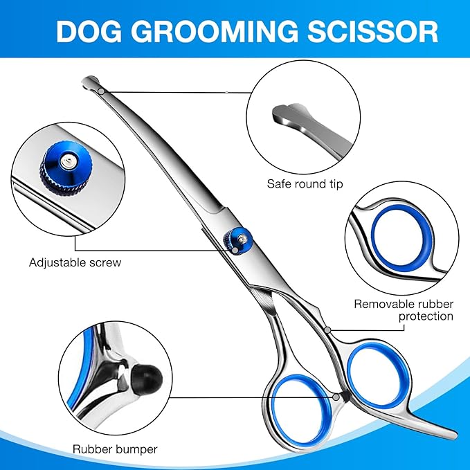 Dog Grooming Scissors Curved Shears Set Rounded Trimming Scissors for Professional Pet Dogs Cats Doodles Face Paws Matted Hair Removal at Home Use Supplies Station for Carding Tools and Trimmer