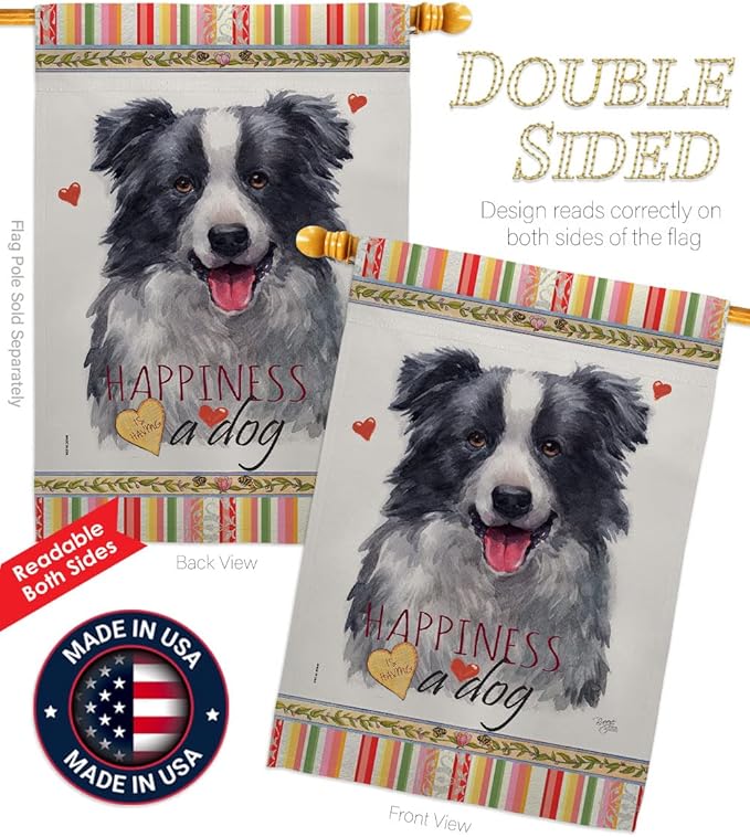 Breeze Decor Border Collie Happiness House Flag Pack Dog Puppy Spoiled Paw Canine Fur Pet Nature Farm Animal Creature Vintage Applique Banner Small Garden Yard Gift Double-Sided, Made in USA