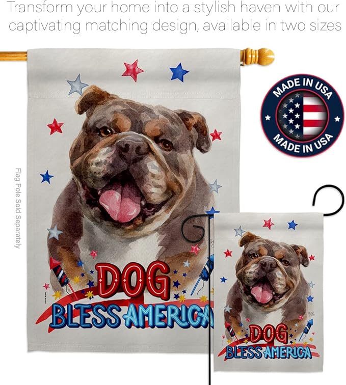 Breeze Decor Patriotic Chocolate Bulldog House Flag Pack Dog Puppy Spoiled Paw Canine Fur Pet Nature Farm Animal Creature Embroidery Banner Small Garden Yard Gift Double-Sided, Made in USA