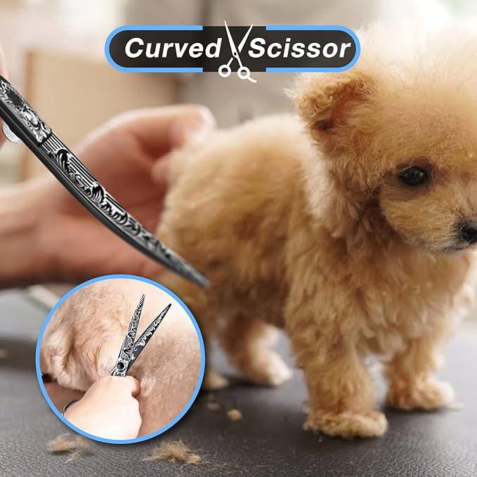 JASON 7" Curved Dog Grooming Scissors, Ergonomic Pets Grooming Thinner Blender Shears Cat Trimming Texturizing with Offset Handle, Stainless Steel, Light Weight, Sharp, Safe, Comfortable