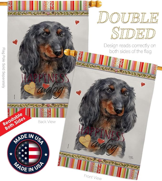 Breeze Decor Blue Long Hair Dachshund Happiness House Flag-Pack Dog Puppy Spoiled Paw Canine Fur Pet Nature Farm Animal Creature Vintage Applique Garden Yard Gift Double-Sided, Made in USA