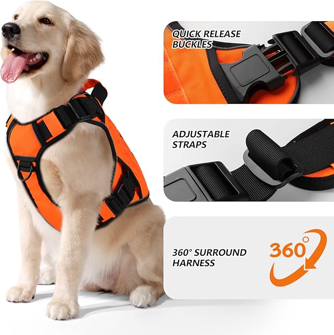 WINGOIN Orange Tactical Dog Harness Vest for Large Dogs No Pull Adjustable Reflective Military Pet Harness with Handle for Golden Retriever, Doberman Pinscher, Rottweiler, Great Dane Service Dog (XL)