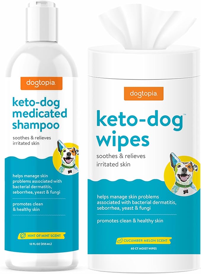 Keto Dog Shampoo and Wipes Combo for Pets | Soothing Shampoo (12oz) and Convenient Wipes (60ct) for Pets’ Irritated Skin | Relief for Skin Problems in Dogs and Cats