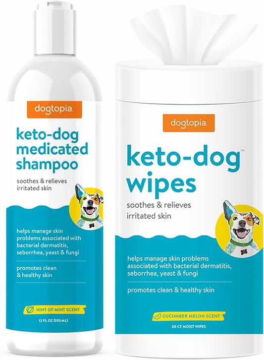 Keto Dog Shampoo and Wipes Combo for Pets | Soothing Shampoo (12oz) and Convenient Wipes (60ct) for Pets’ Irritated Skin | Relief for Skin Problems in Dogs and Cats