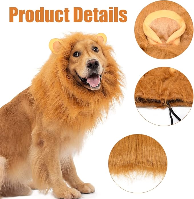 Dog Lion Mane Costume - Realistic Mane with Ears for Medium to Large Sized Dogs, Pet Halloween Costumes Birthday Party Cosplay Apparel