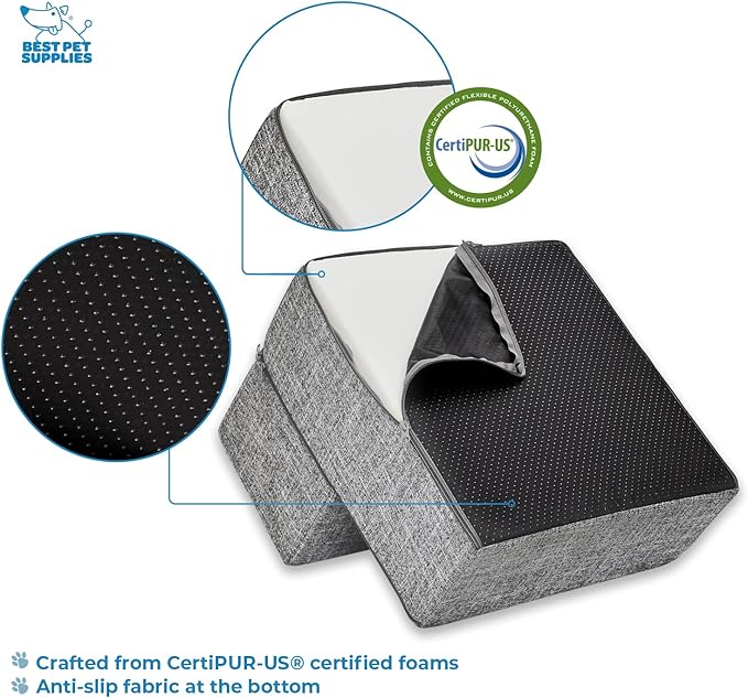 Best Pet Supplies Portable Foldable Foam Pet Stairs/Steps for Couch, Sofa, and High Bed, Non-Slip Bottom Balanced Paw Safe - Gray Linen, Foldable 2-Step (H: 12")