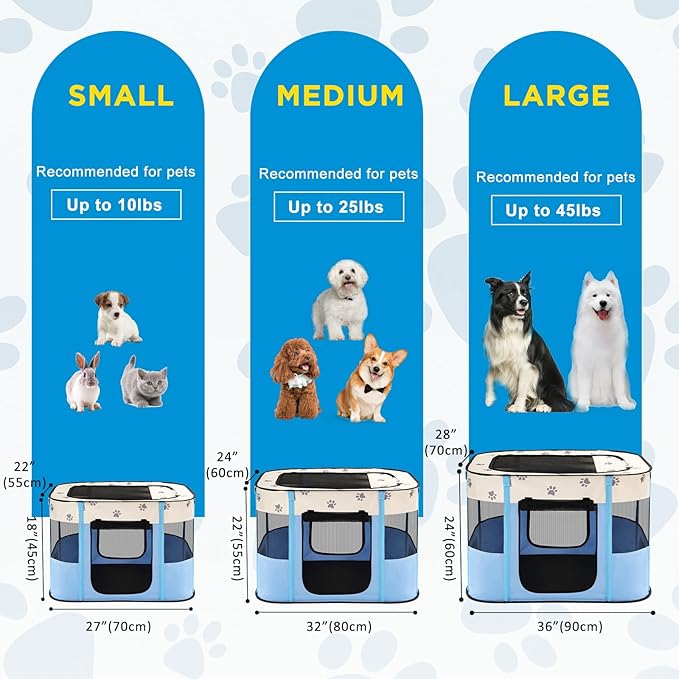 Avont Portable Dog Cat Playpen, Foldable Pop Up Pet Play Pen Travel Crate with Floor and Mesh Door Top for Indoor Outdoor Collapsible Tent Cage -L, Blue