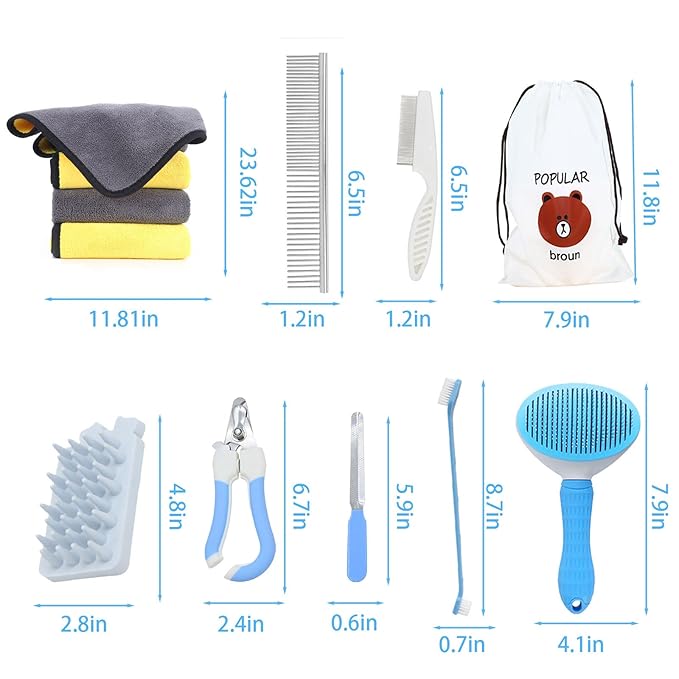 9 PCS Dog,Cat Grooming Brush Shedding Kit-Self-Cleaning Smooth Dog Brush Hair Removal And Flea Comb Rubber Bath Brush Toothbrush Grooming Brush Nail Clippers And File pet Bath Absorbent towel (blue)