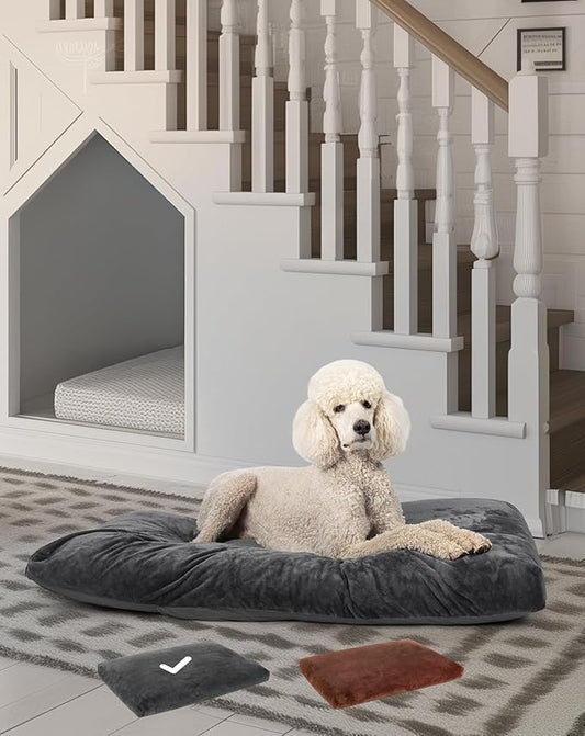 OhGeni Comfort Fluffy Dog Bed with Removable Washable Cover & Waterproof Lining, Chew Proof & Non-Slip Soft Crate Bed for Large, Medium, Small Size Dogs, 47in(Gray)