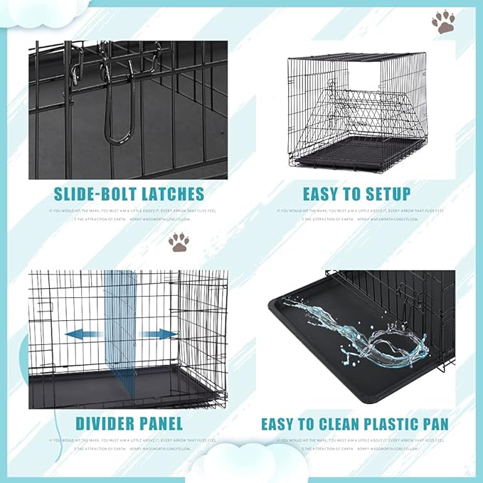 Dog Crate Cage Kennel for Large Medium Dogs Pet Puppy Playpen Wire Animal Metal Folding Travel Divider Double-Door Handle Plastic Tray Indoor Outdoor Double Lock Black Rabbit 24 30 36 42 48 inches