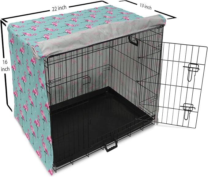 Lunarable Turquoise Dog Crate Cover, Repetitive Pink Flamingos on Wavy Water Background Vivid Colors Graphic, Easy to Use Pet Kennel Cover for Small Dogs Puppies Kittens, 22 Inch, Pink Seafoam