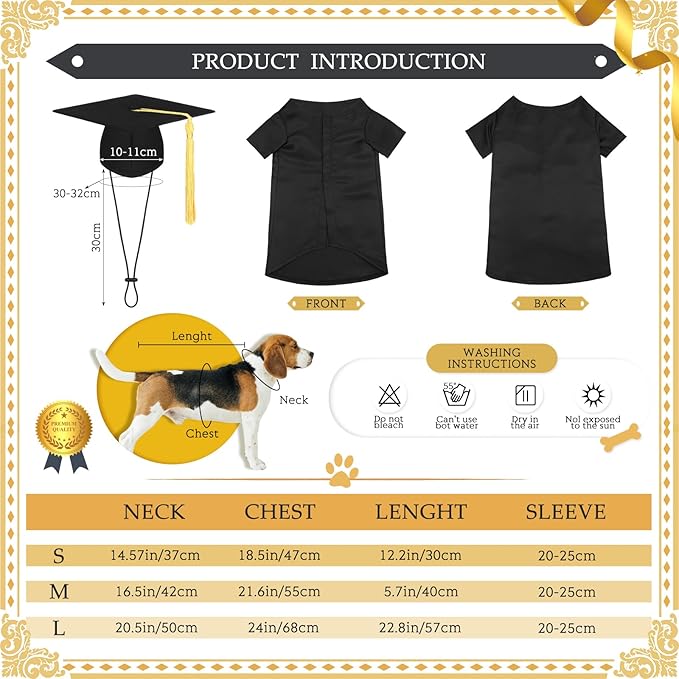 Xuniea 2 Pcs Dog Graduation Costume Set 2025 Dog Graduation Cap and Gown Puppy Hat with Tassel Matte Pet Grad Outfit Cats Grad Bear Holiday Party Costume Accessory(Black,Large)
