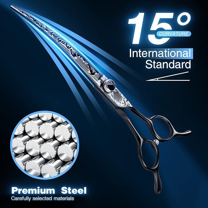 JASON 7" Curved Dog Grooming Scissors, Ergonomic Pets Grooming Thinner Blender Shears Cat Trimming Texturizing with Offset Handle, Stainless Steel, Light Weight, Sharp, Safe, Comfortable