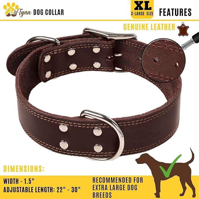 ADITYNA Heavy Duty Leather Dog Collar for Extra-Large Dogs - Soft and Strong Leather Dog Collar for XL Dog Breeds (Extra-Large: Fit 22" - 30" Neck, Brown)