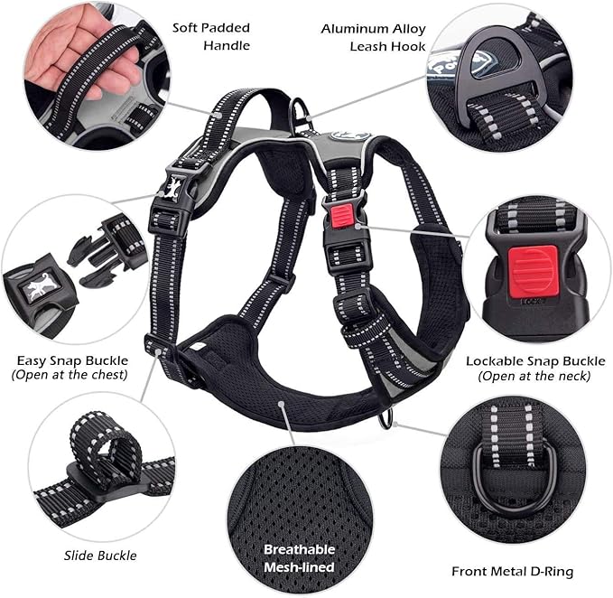 PoyPet No Pull Dog Harness, No Choke Front Clip Dog Reflective Harness, Adjustable Soft Padded Pet Vest with Easy Control Handle for Small to Large Dogs(Grey,M)