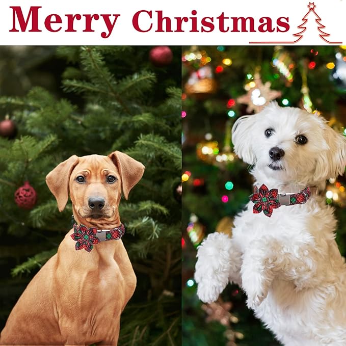 Unique style paws Christmas Dog Collar with Flower Tie Red Green Plaid Adjustable Cotton Puppy Collar for Small Medium Large Dogs-L