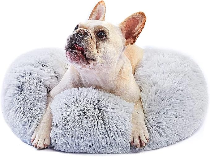 Calming Dog Bed for Small Dogs Round Fluffy Self Warming Pet BedGray Donut Cuddler pet Bed for PuppiesXS Dog Bed Washable.