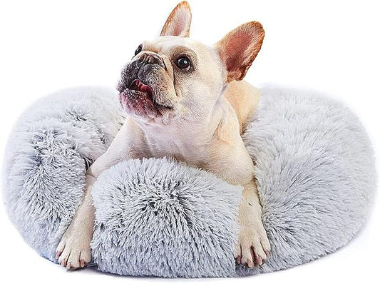 Calming Dog Bed for Small Dogs Round Fluffy Self Warming Pet BedGray Donut Cuddler pet Bed for PuppiesXS Dog Bed Washable.