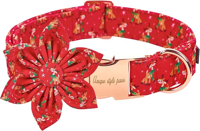 Unique style paws Christmas Dog Collar with Flower Tie Red Elk Pure Cotton Collar Adjustable Puppy Collar for Small Medium Large Dogs-XS