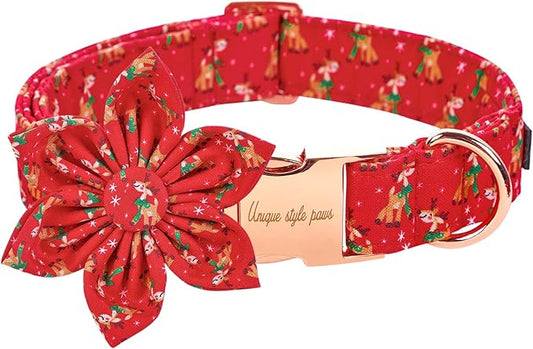 Unique style paws Christmas Dog Collar with Flower Tie Red Elk Pure Cotton Collar Adjustable Puppy Collar for Small Medium Large Dogs-XS