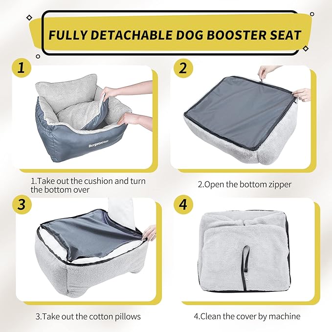 BurgeonNest Dog Car Seat for Small Dogs, Washable Soft Dog Booster Seats for Small Pets Under 25 lbs, Portable Dog Carseat Travel Bed with Storage Pockets and Clip-On Leash