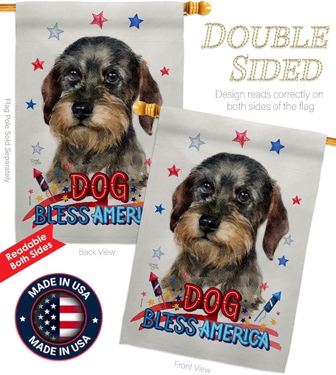 Breeze Decor Patriotic Wire Haired Dachshund Garden House Flag-Kit Dog Puppy Spoiled Paw Canine Fur Pet Nature Farm Animal Creature Decoration Banner Small Yard Gift Double-Sided, Made in USA