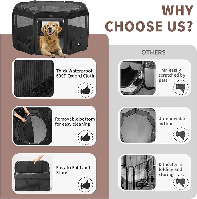 DONORO Dog Playpen Portable Pet Play Pens for Small Dog/Cat/Rabbit/Chicks, Cat Playpen Indoor/Outdoor with Carring Case, Removable Zipper Top and Bottom (Black, Small (29"x29"x15"), 8)