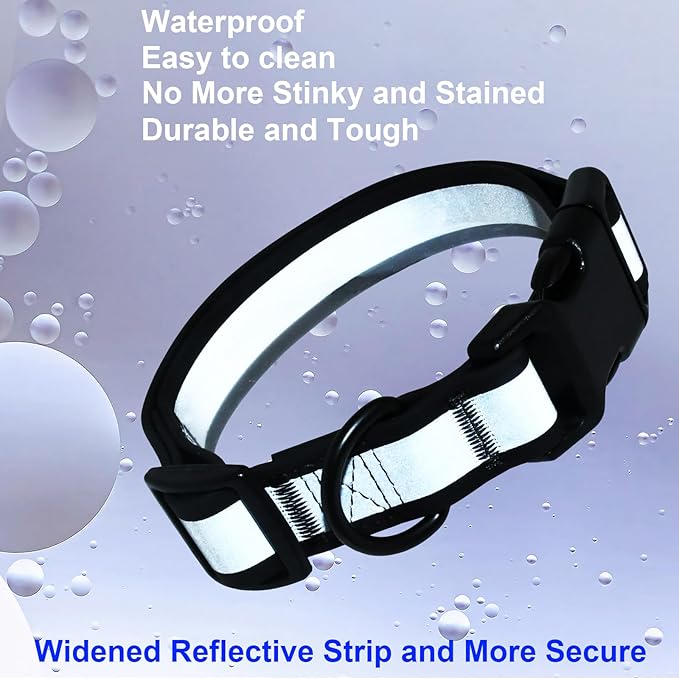 Waterproof Dog Collar Quick Release Buckle, Dog Collar with Reflective Strip Adjustable for Medium Large Dogs (Matt Black 1" W 15-20" L) (Matt Black, Large)