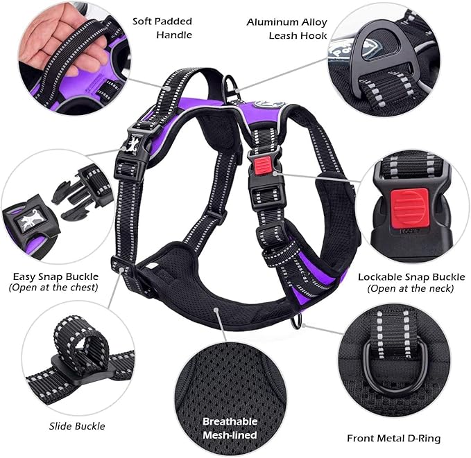 PoyPet Dog Harness No Pull, Reflective Adjustable No Choke Pet Vest with Front & Back Clips, Soft Padded and Control Training Handle for Large Dogs(Purple,XL)