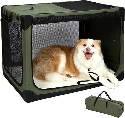 Pettycare Portable Travel Dog Crate 4-Door Soft Sided 36 Inch Collapsible Dog Crate with Curtains Durable Mesh Foldable Pet Kennel Soft Crates for Large Dogs Indoor & Outdoor Olive Green