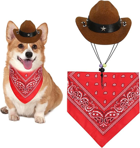 Dog Halloween Costumes, Dog Cowboy Costume Halloween Pet Cowboy Hat Bandana Scarf for Small Medium Large Dogs Pets (Brown Hat & Red Bandana, Small)