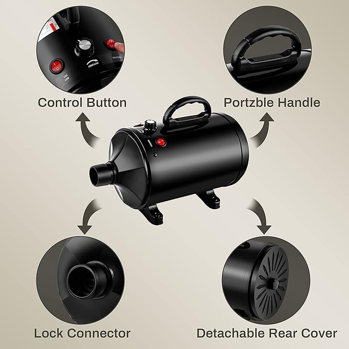 Pet Dryer, 3.8HP/2800W High Velocity Professional Pet Dryer with Heater,Pet Grooming Dryer with Stepless Speed Regulation,4 Different Nozzles,Suitable for Pet Hair Drying and Grooming