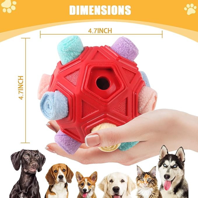 Dog Snuffle Ball-Interactive Puzzle Dog Toys Encourage Natural Foraging Skills Slow Feeder for Training and Stress Relief, Cloth Strip Hiding Food Chew Toys for Any Size Dogs (Red Macaron)