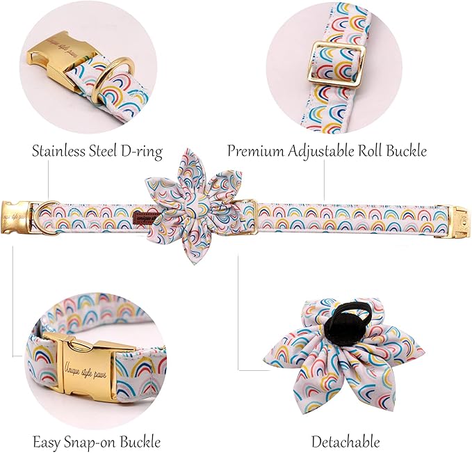 Uniqe Style Paws Flower Dog Collar, Adjustable Dog Collar with Flower, Durable Rainbow Floral Pattern Pet Collar for X-Small Dogs