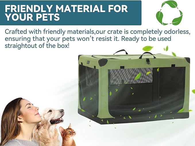 PETSFIT Soft Dog Crate, Dog Travel Crate - 36 Inch Lightweight, Easy Setup, sturdy Portable Dog Crate, Adjustable Framework with 3 Mesh Door, Soft Sided Collapsible Dog Kennel Green