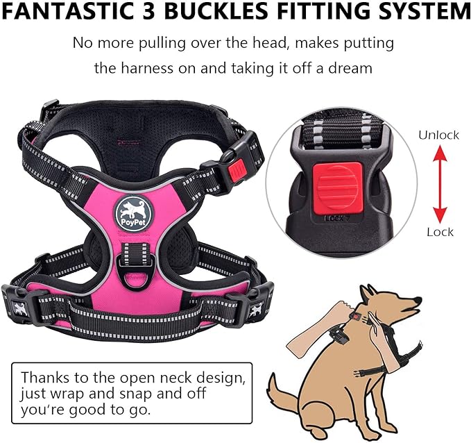PoyPet Dog Harness No Pull, Reflective Adjustable No Choke Pet Vest with Front & Back Clips, Soft Padded and Control Training Handle for Large Dogs(Pink,XL)