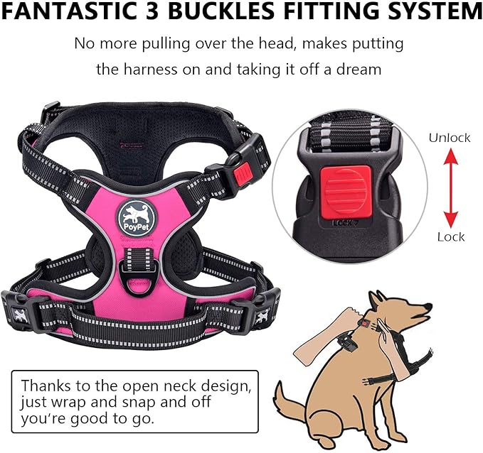 PoyPet No Pull Dog Harness, No Choke Front Clip Dog Reflective Harness, Adjustable Soft Padded Pet Vest with Easy Control Handle for Small to Large Dogs(Pink,M)