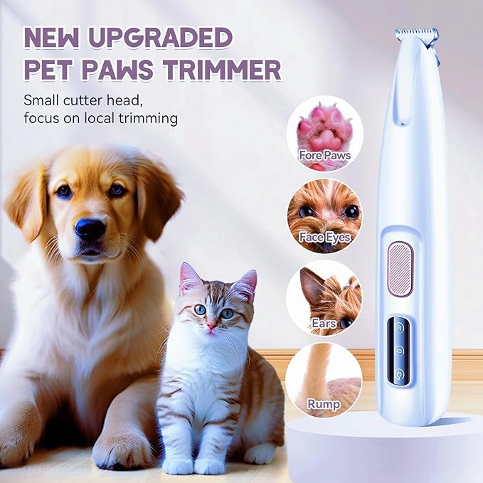 Paw Trimmer for Dogs Electric, Upgraded Pet Paw Trimmer with LED Light, Pet Hair Clippers Rechargeable Low Noise, Grooming Shaver for Cats Eyes Face Ears Feet Rump Around Hair, Waterproof, Cordless