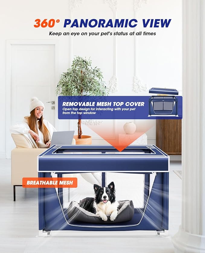 Dog Playpen 42 × 42 Inch,Breathable Puppy PlayPen with Gate and Removable Cover,Thickened Oxford Fabric Dog Play Pen for Indoor & Outdoor,Safe and Sturdy Pet Fence(Blue White)