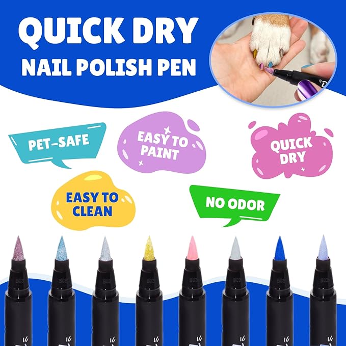Dog Nail Polish Pens Quick-Dry Set – 8 Metallic & Matte Colors Pawlish Pens, 1 Nail File with 1 Top Coat Pen – Non-Toxic, Easy to Apply, Pet-Safe Accessories for Small & Large Puppies & Cats