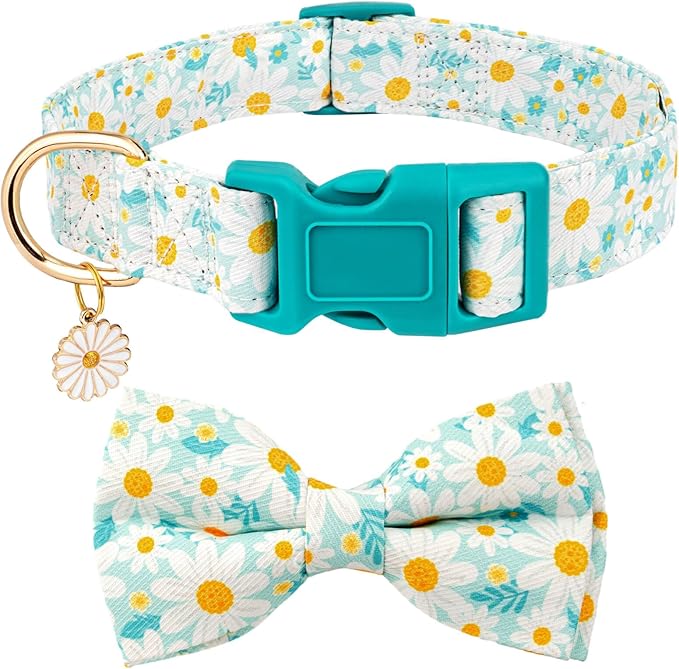Fashionable Dog Collar with Bow Tie for Small Medium Large Dogs,Cute and Soft Puppy Collar for Male Female Dogs,Cyan Durable Cotton Dog Collar with Adjustable Buckle Daisy Pattern (L, Cyan Daisy)