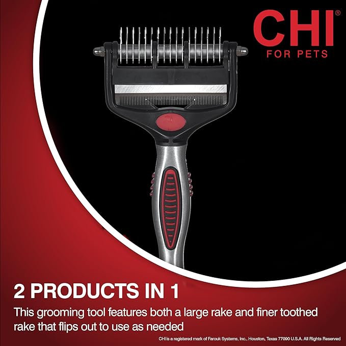 CHI for Dogs 2-in-1 Dematting Deshedding Rake, Flip-Out Fine Rake for Deshedding and Smoothing, Large Rake for Dematting Dogs; Dog Grooming Tool for Mats and Knots