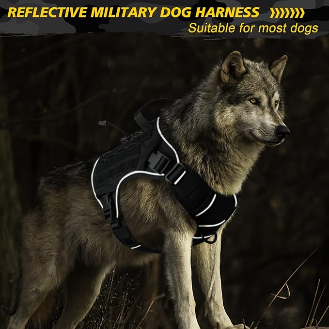 WINGOIN Black Tactical Dog Harness for Large Dogs No Pull Adjustable Pet Harness with Handle Reflective K9 Military Service Dog Vest for Walking Hiking Training (L)