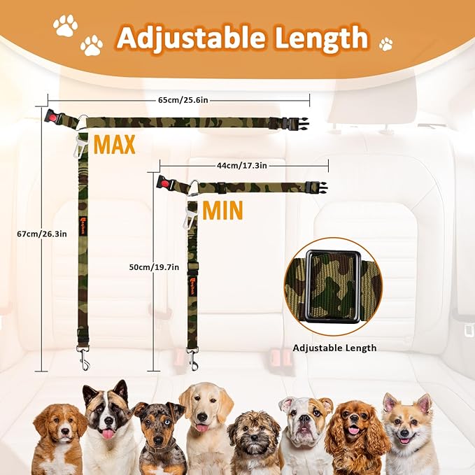 Removable Dog Seat Belts Harness for Car, 3 in 1 Pet Dog Car Seatbelt Leash, laqibak Restraint Secures to Headrest and Reflective Effect Adjustable Bungee Dog Seatbelt Tether, 2PCS and Poop Bag Holder
